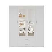 Interiax Kledingkast 'Lena' – 4 Deuren, 2 Lades, 1 Hanger, 2 Spiegels & 7 Legplanken | Wit | 185x160x52cm
