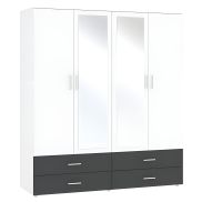 Interiax Kledingkast 'Modena' 4 Deuren, 4 Laden En 2 Spiegels | Wit/Antraciet | 188x168x52 cm