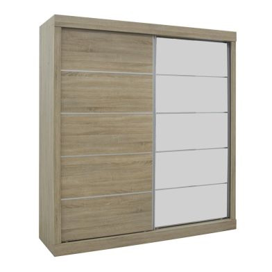 Interiax Wardrobe 'Mila' – Sonoma Oak Sliding-door Wardrobe With 1 Hanger, 4 Shelves & Mirror | 197.5x182.5x52.5 cm