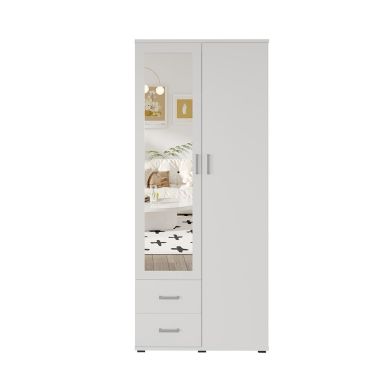 Interiax Kledingkast 'Lena' – 2 Deuren, 2 Lades, 1 Hanger, Spiegel & 1 Legplank | Wit | 185x80x52cm