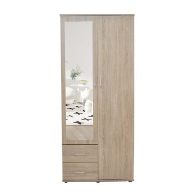 Interiax Wardrobe 'Lena' – 2 Doors, 2 Drawers, 1 Hanger, Mirror & 1 Shelf | Sonoma Oak | 185x80x52cm
