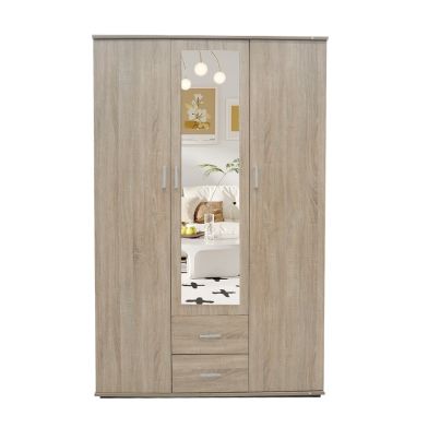 Interiax Armoire 'Lena' - 3 portes, 2 tiroirs, 1 cintre, miroir et 4 étagères | Chêne Sonoma | 185x120x52 cm