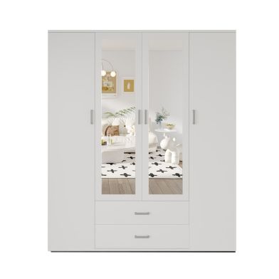 Interiax Armoire 'Lena' - 4 portes, 2 tiroirs, 1 cintre, 2 miroirs et 7 étagères | Blanc | 185x160x52 cm