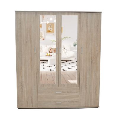 Interiax Kledingkast 'Lena' – 4 Deuren, 2 Lades, 1 Hanger, 2 Spiegels & 7 Legplanken | Sonoma Eik | 185x160x52cm