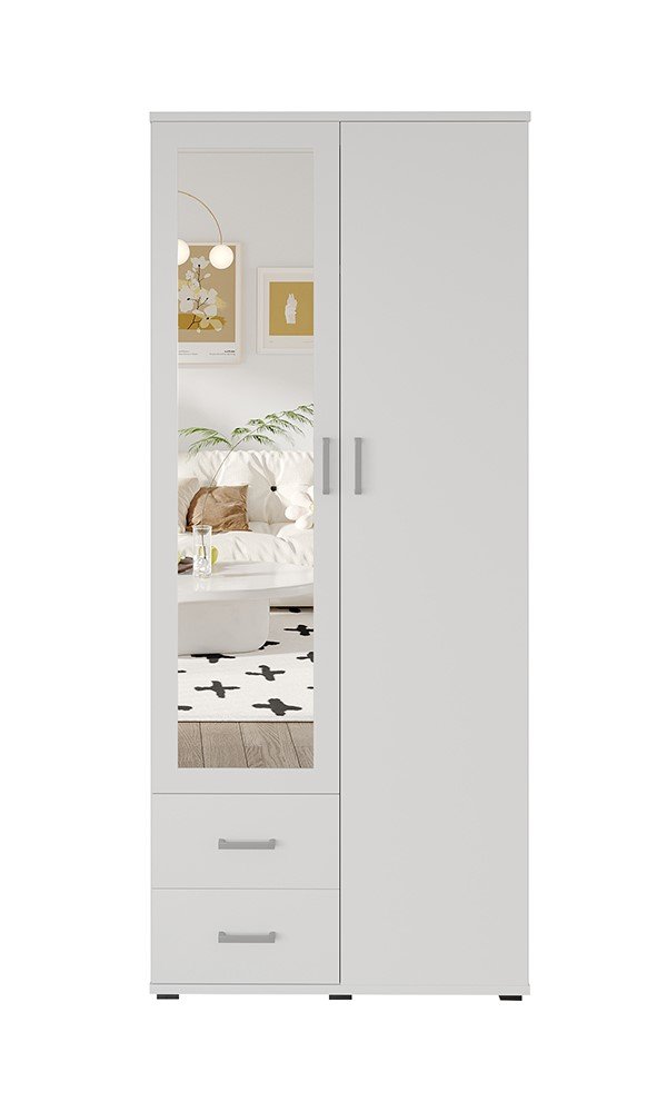 Interiax Wardrobe 'Lena' – 2 Doors, 2 Drawers, 1 Hanger, Mirror & 1 Shelf | White | 185x80x52cm