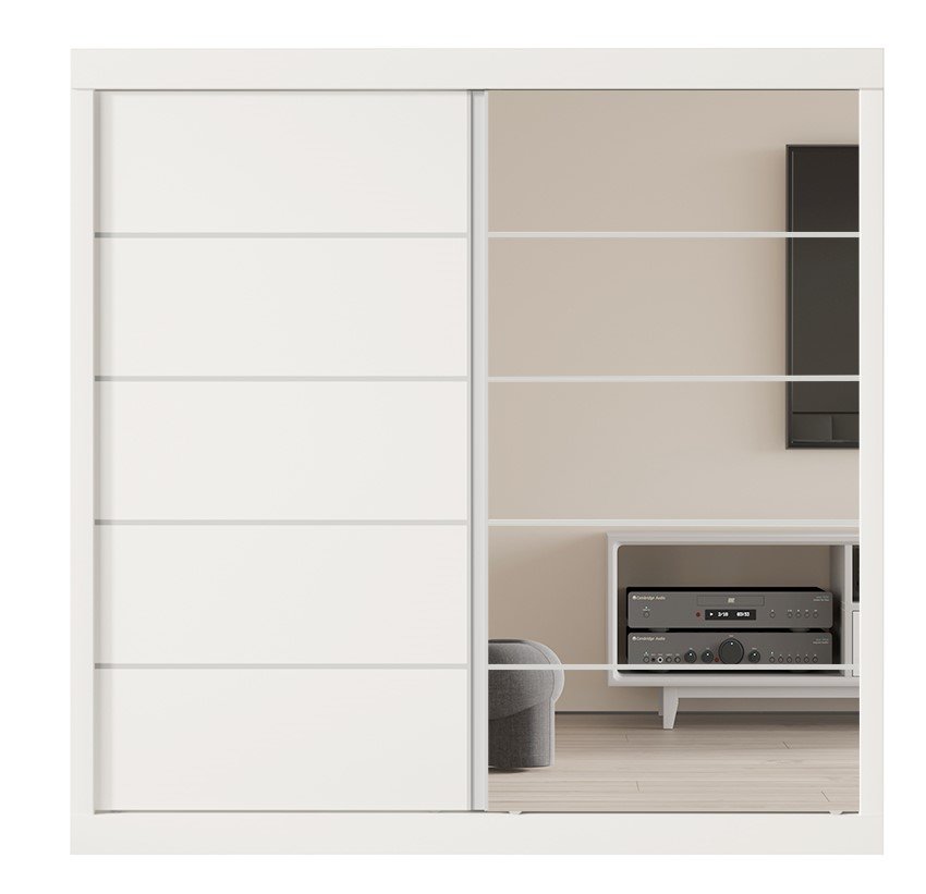 Interiax Wardrobe 'Mila' – White Sliding-door Wardrobe With 1 Hanger, 4 Shelves & Mirror | 197.5x182.5x52.5 cm
