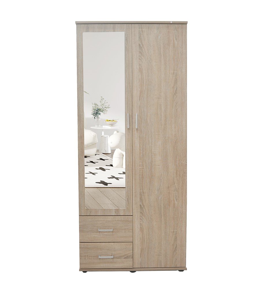 Interiax Kledingkast 'Lena' – 2 Deuren, 2 Lades, 1 Hanger, Spiegel & 1 Legplank | Sonoma Eik | 185x80x52cm