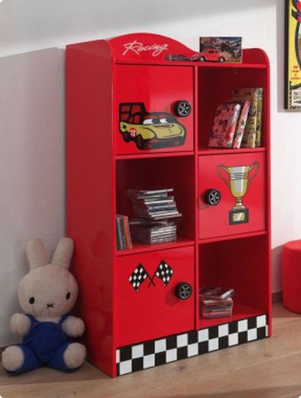 Red children's shelving unit