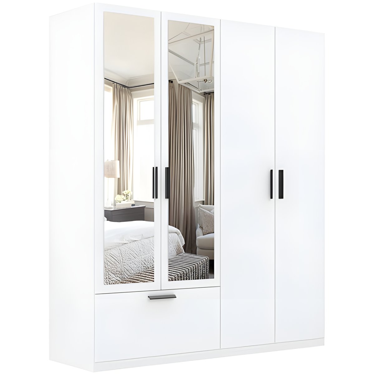 Interiax Kledingkast 'Siena' 4 Deuren, 1 Lade En 2 Spiegels | Wit | 210x180,4x54 cm