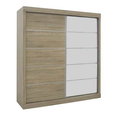 Interiax Wardrobe 'Mila' – Sonoma Oak Sliding-door Wardrobe With 1 Hanger, 4 Shelves & Mirror | 197.5x182.5x52.5 cm