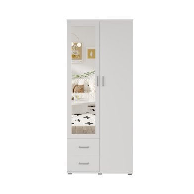 Interiax Wardrobe 'Lena' – 2 Doors, 2 Drawers, 1 Hanger, Mirror & 1 Shelf | White | 185x80x52cm