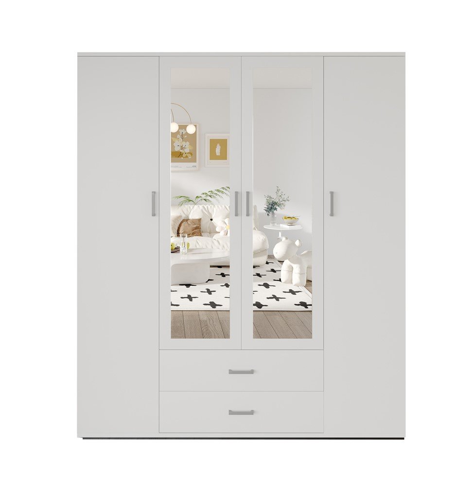 Interiax Wardrobe 'Lena' – 4 Doors, 2 Drawers, 1 Hanger, 2 Mirrors & 7 Shelves | White | 185x160x52cm