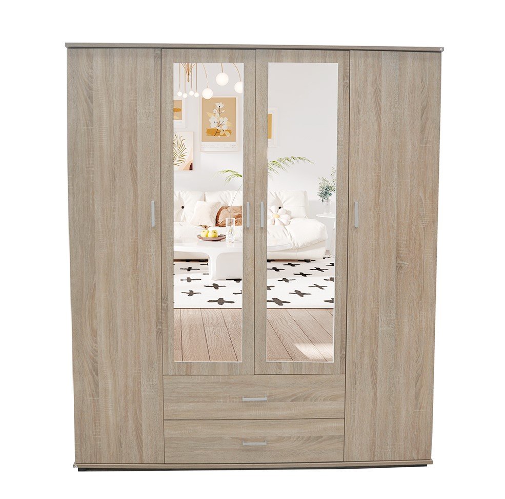 Interiax Kledingkast 'Lena' – 4 Deuren, 2 Lades, 1 Hanger, 2 Spiegels & 7 Legplanken | Sonoma Eik | 185x160x52cm